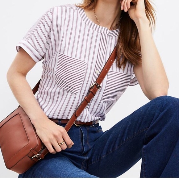 LOFT Striped Dolman Henley Everyday Shirt white red XS - Picture 4 of 7